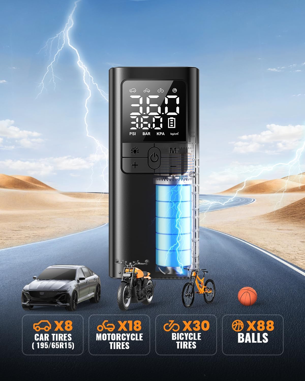 Digital tire inflator with display on a road and desert background