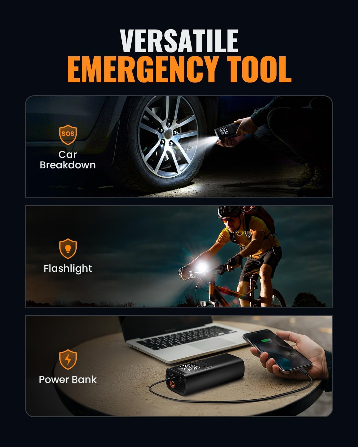 Versatile emergency tool with uses for car breakdown, flashlight, and power bank on a dark background.