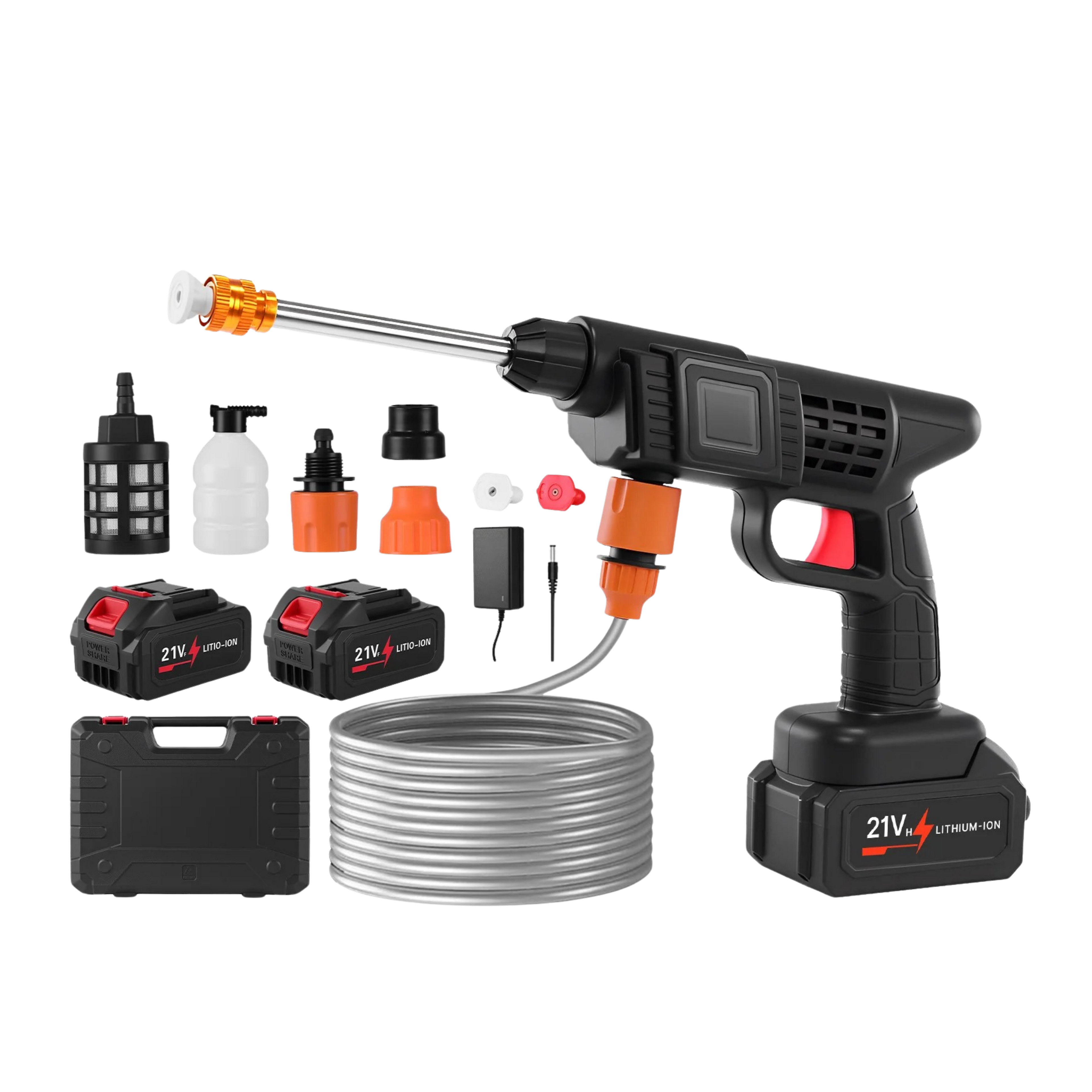 Cordless pressure washer with accessories on a white background