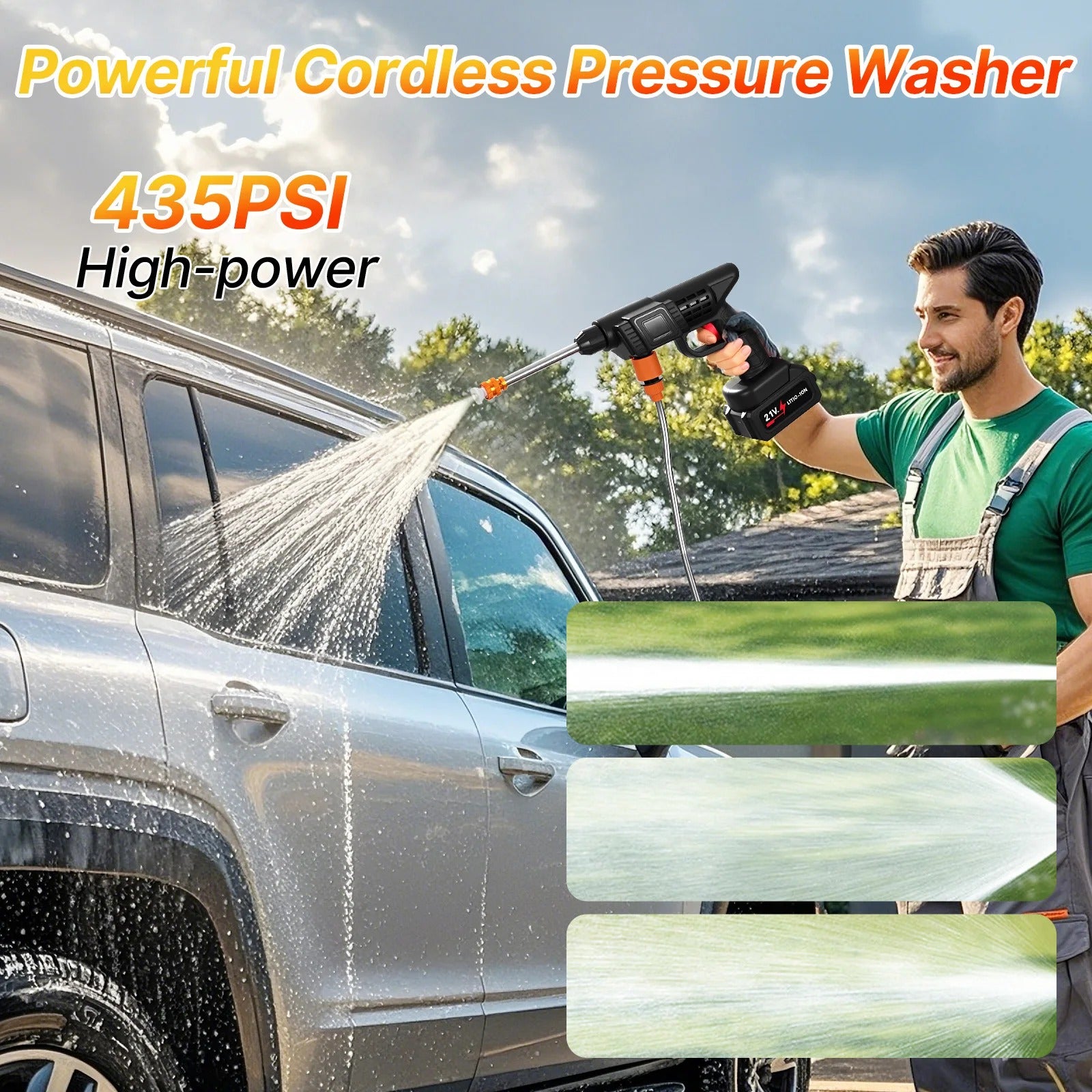 Person using a powerful cordless pressure washer to clean a car outdoors.