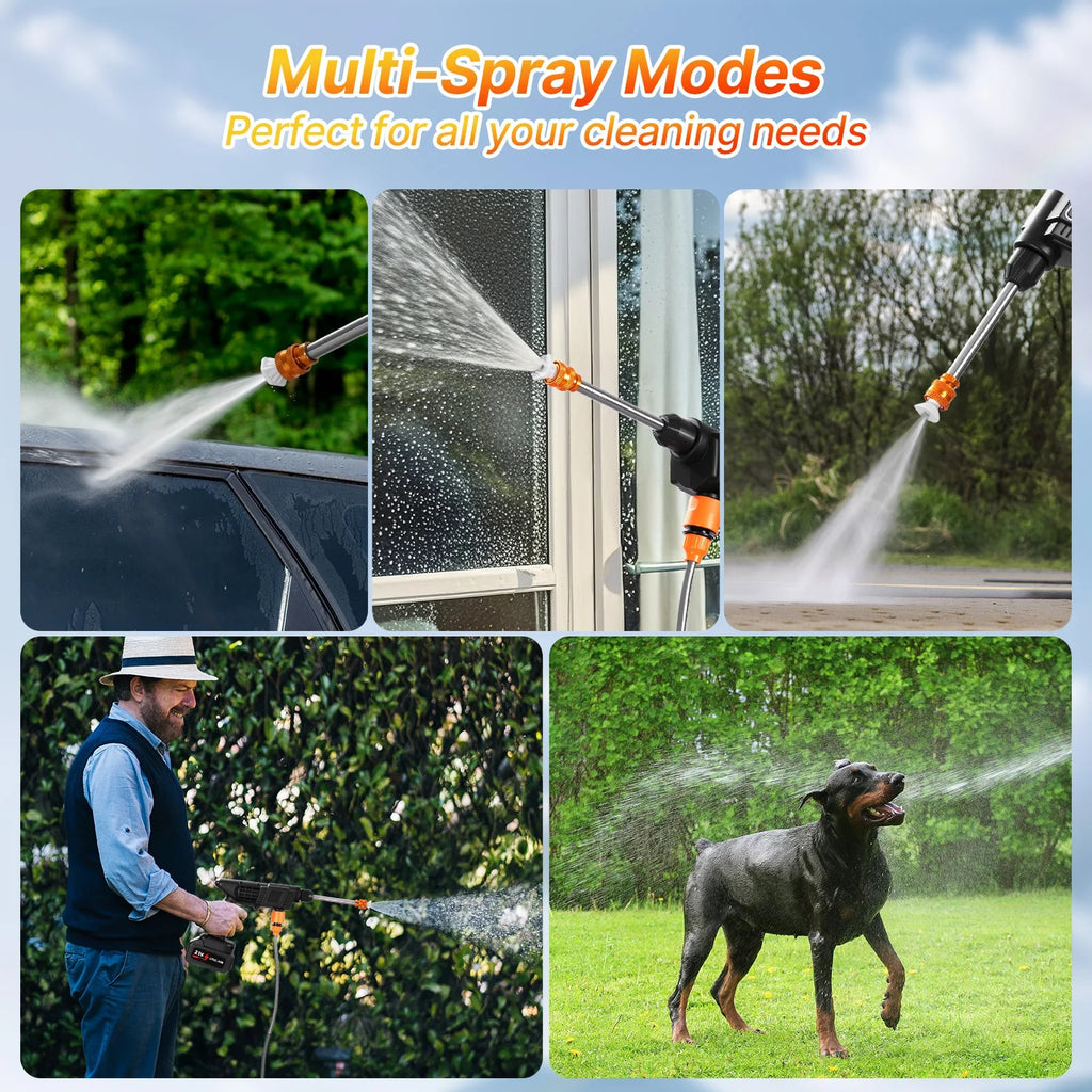 Collage of a multi-purpose cleaning tool in use on various surfaces and objects.