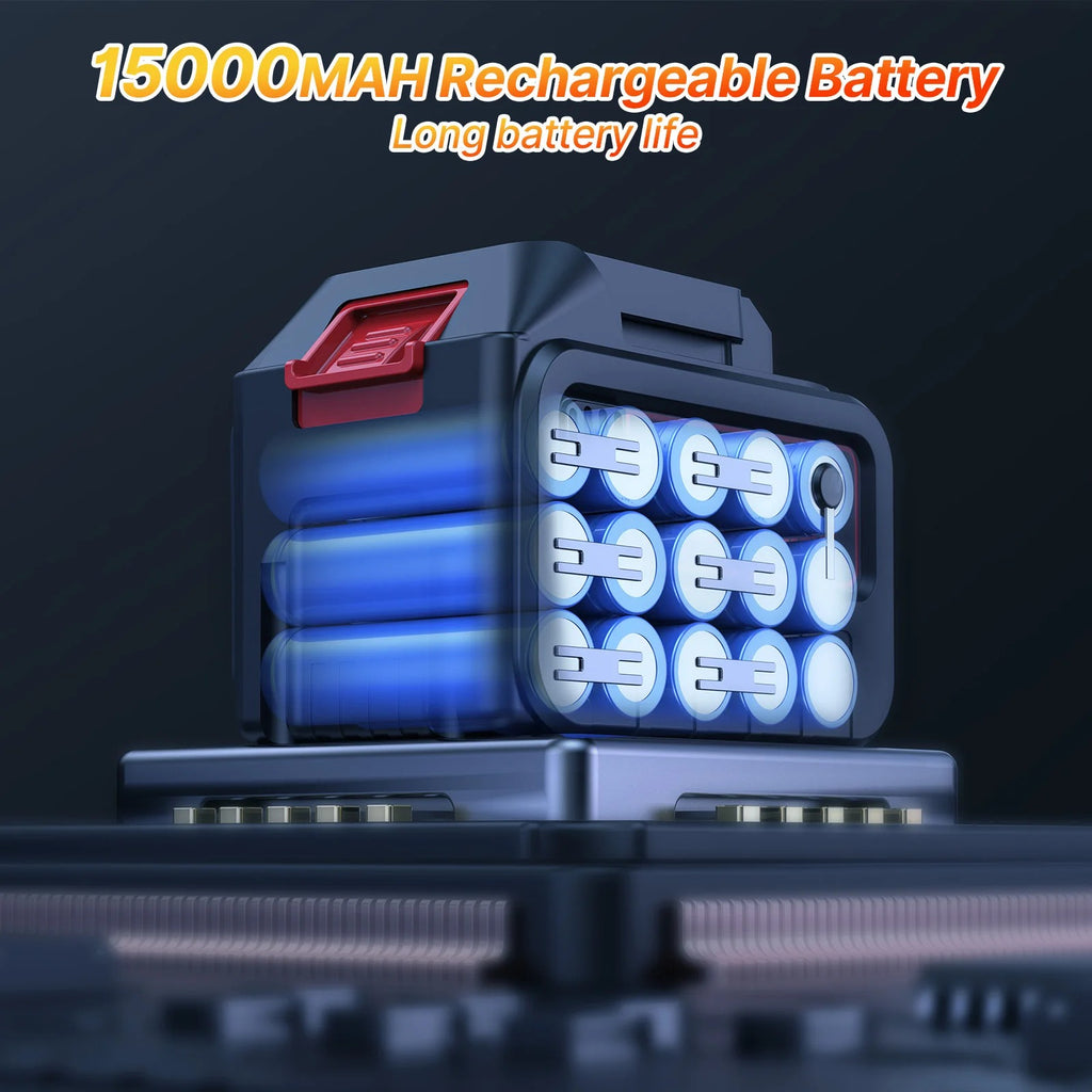 Rechargeable battery pack with 15000mAh capacity on a dark background