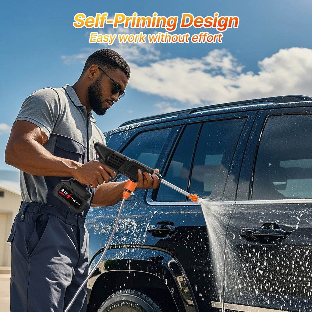 Person using a car washing tool on a black SUV with 'Self-Priming Design' text.