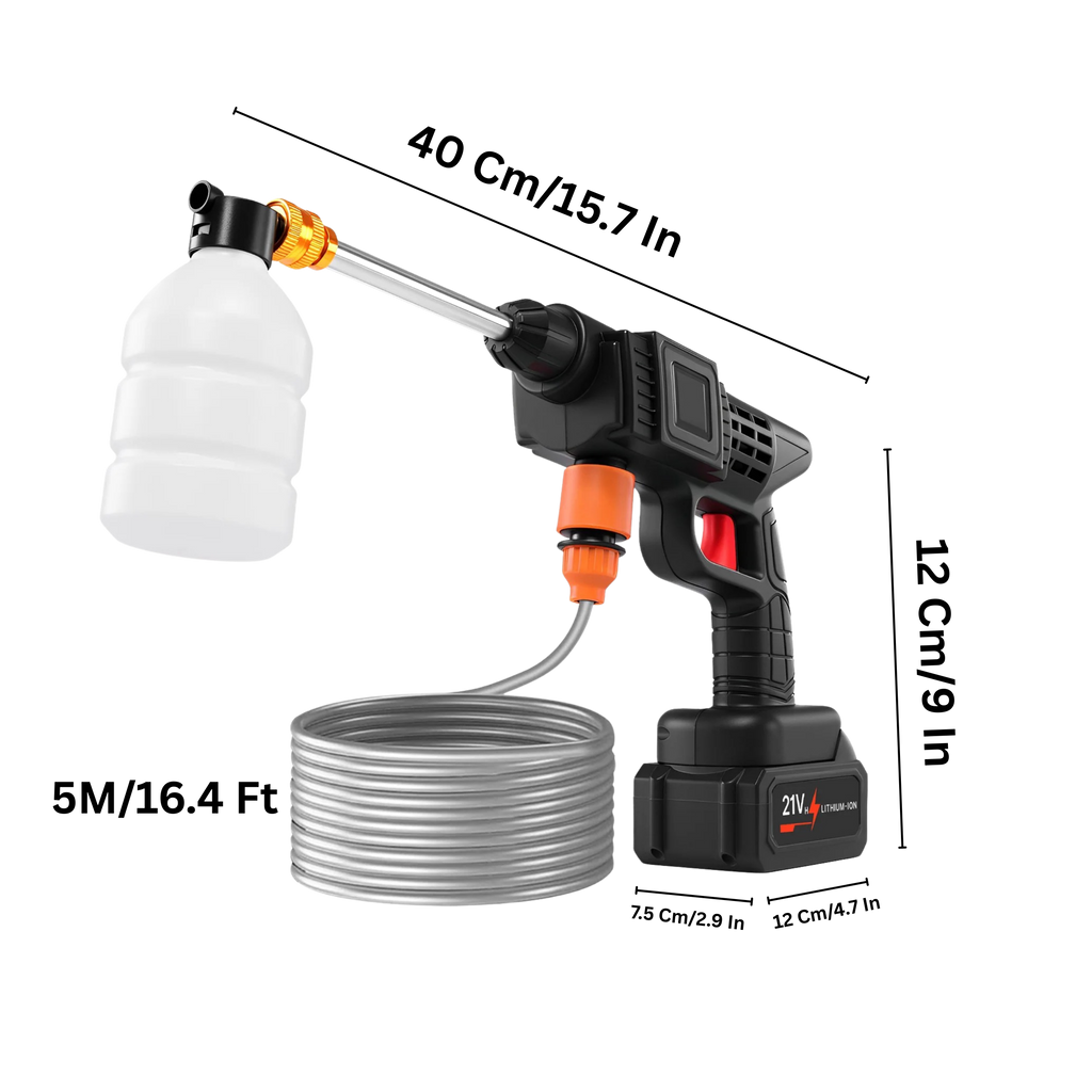 Power washer with hose and nozzle, shown with measurements on a white background