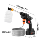 Power washer with hose and nozzle, shown with measurements on a white background