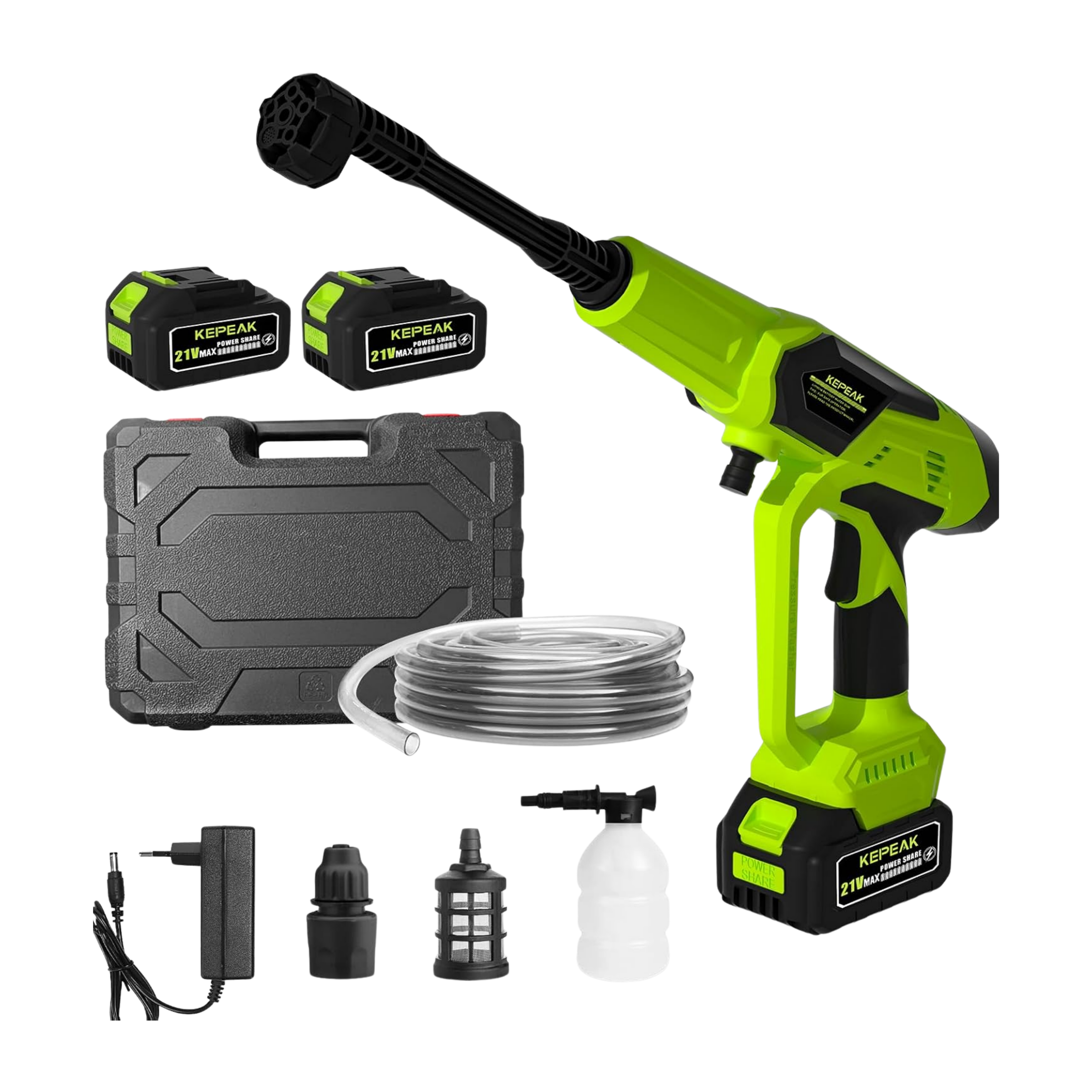 Green pressure washer with accessories on a white background
