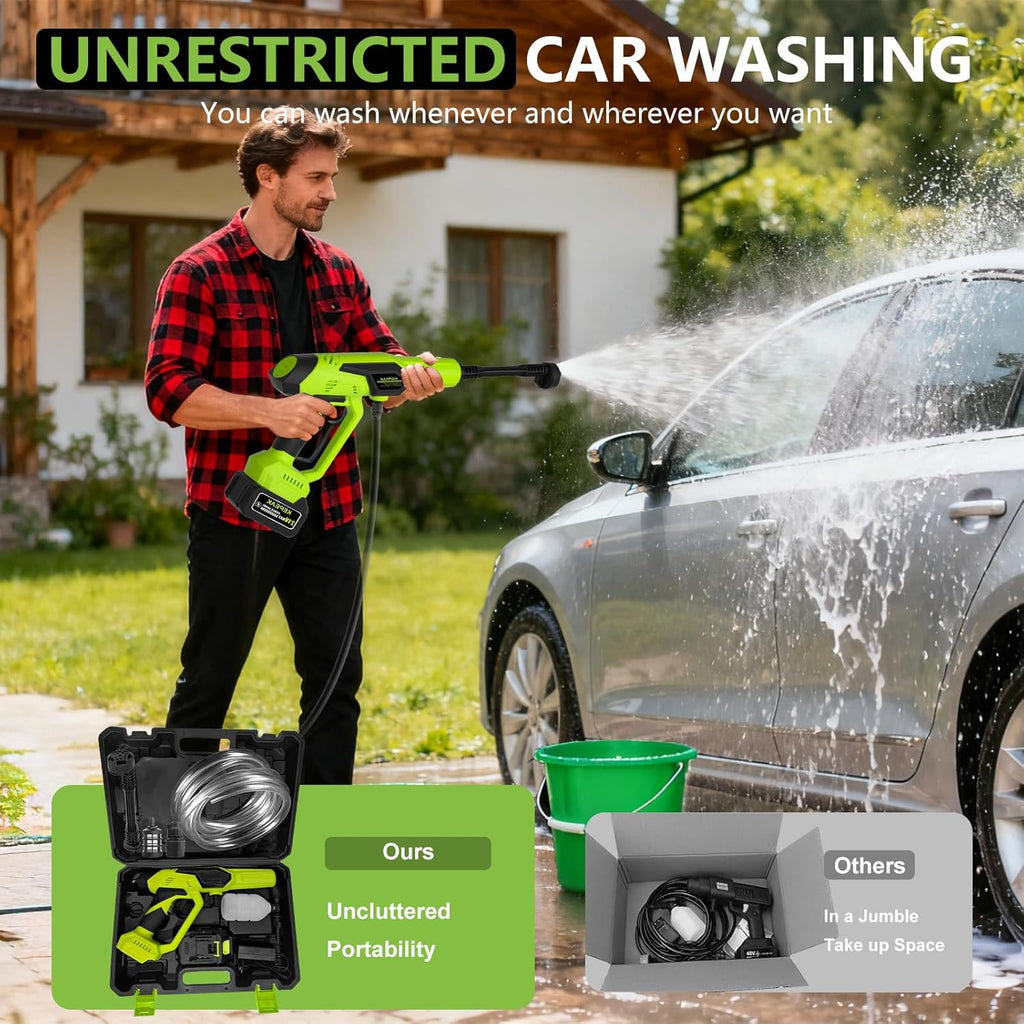 Man using a pressure washer to wash a car with text about unrestricted car washing.