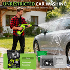 Man using a pressure washer to wash a car with text about unrestricted car washing.