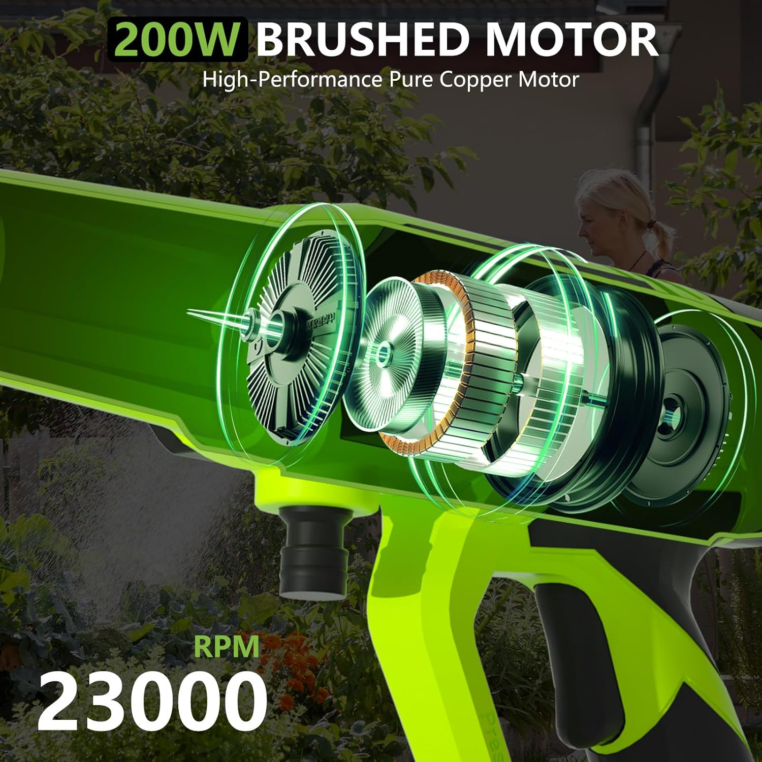 Green garden hose nozzle with 200W brushed motor and 23000 RPM, outdoor setting.