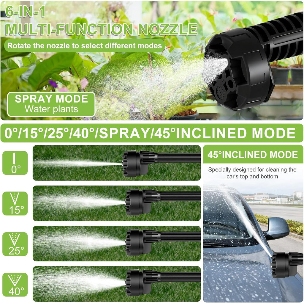 Multi-function nozzle with spray modes for water plants and car cleaning on a green background.