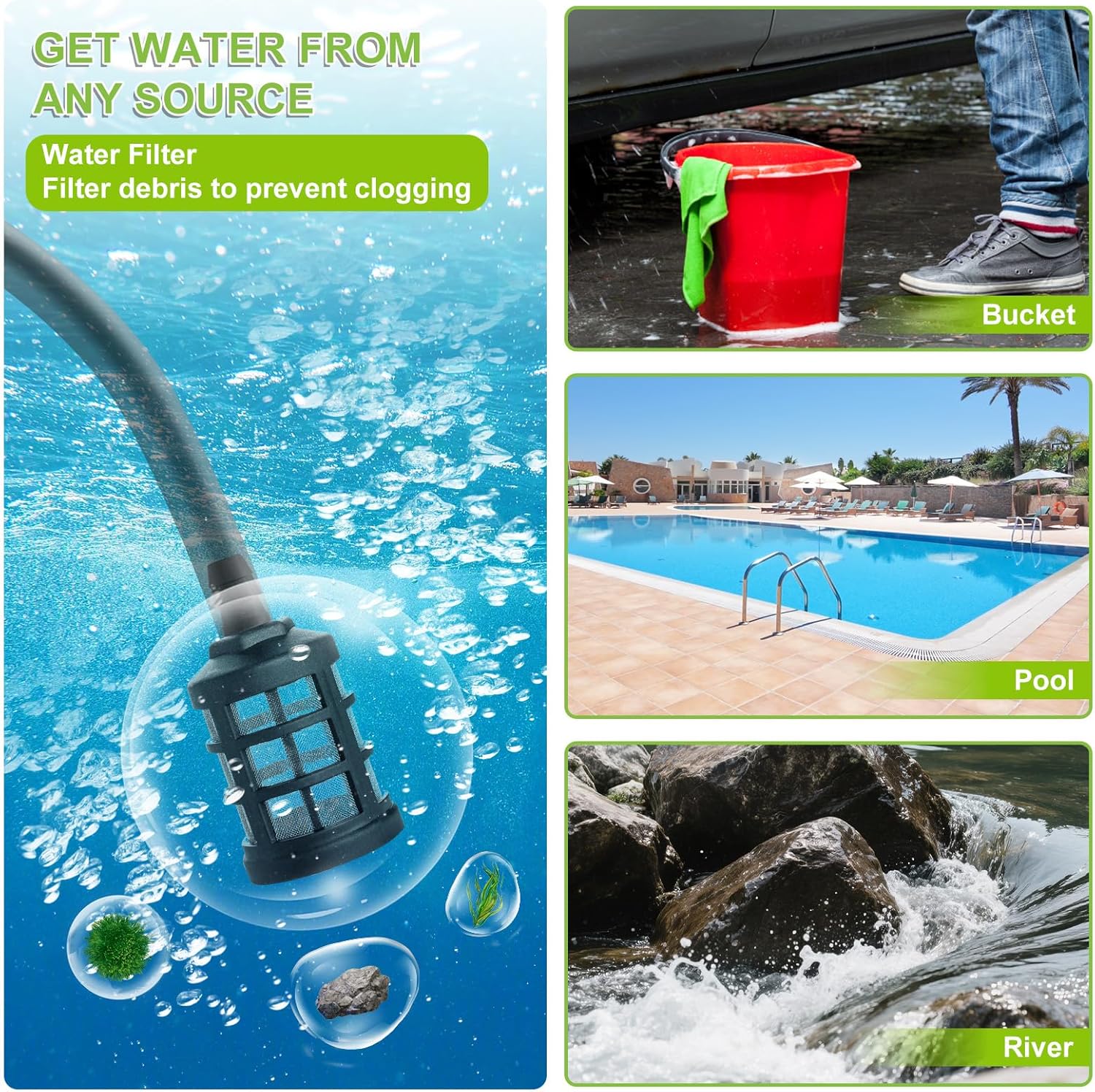 Water filter product with images of use in a bucket, pool, and river.