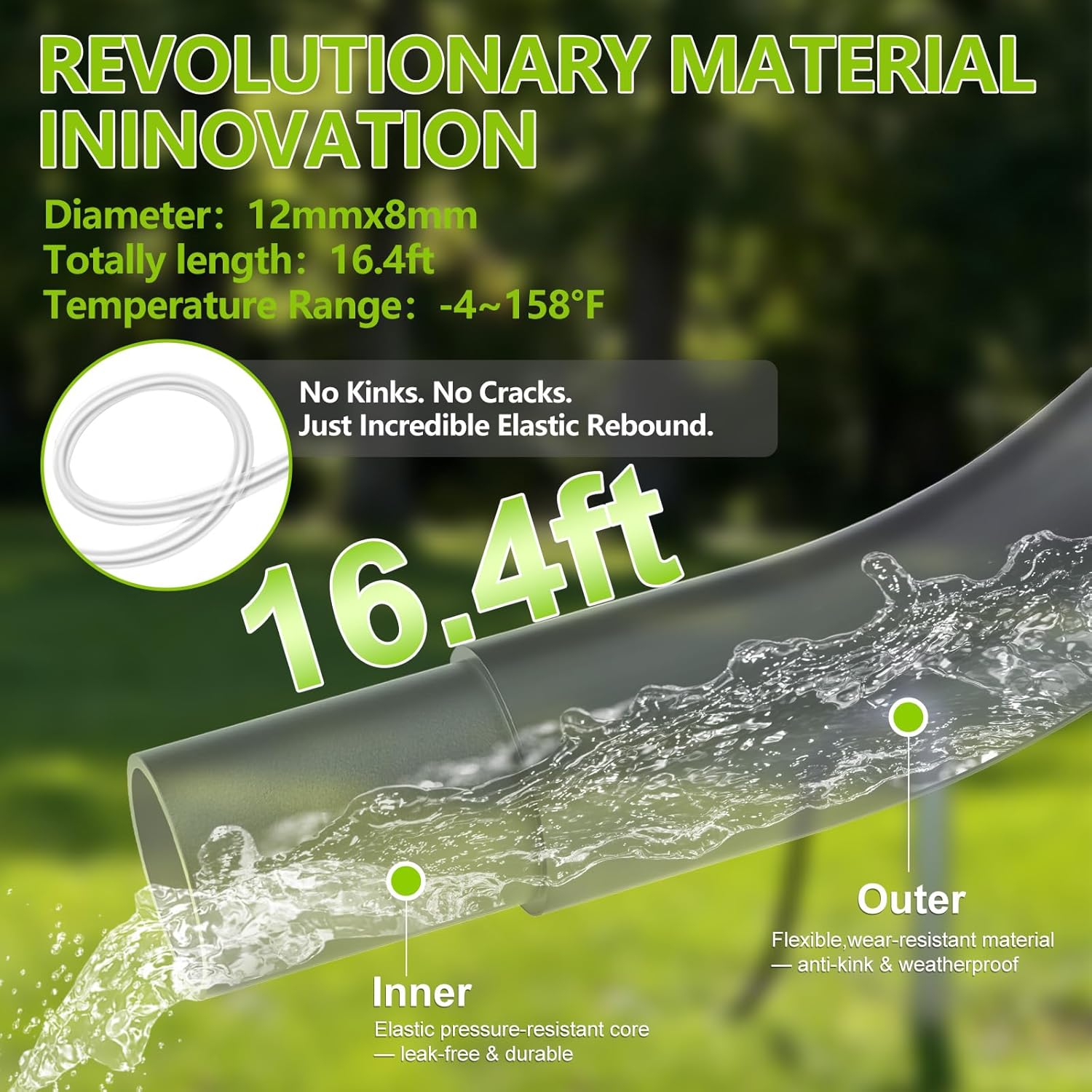 PVC pipe with text about revolutionary material innovation on a green background