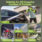 Cordless water gun being used on a car, motorcycle, glass, ground, and yard with text 'Suitable for All Scenarios Cordless & Portable'.