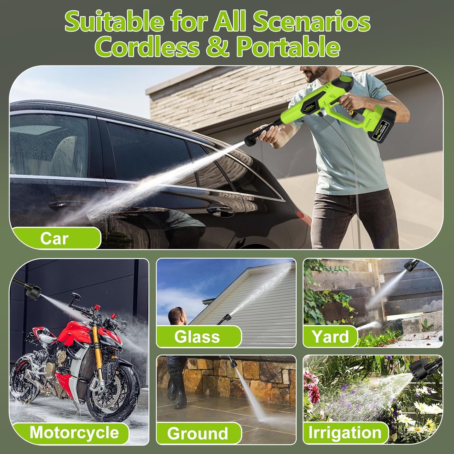 Cordless water gun being used on a car, motorcycle, glass, ground, and yard with text 'Suitable for All Scenarios Cordless & Portable'.