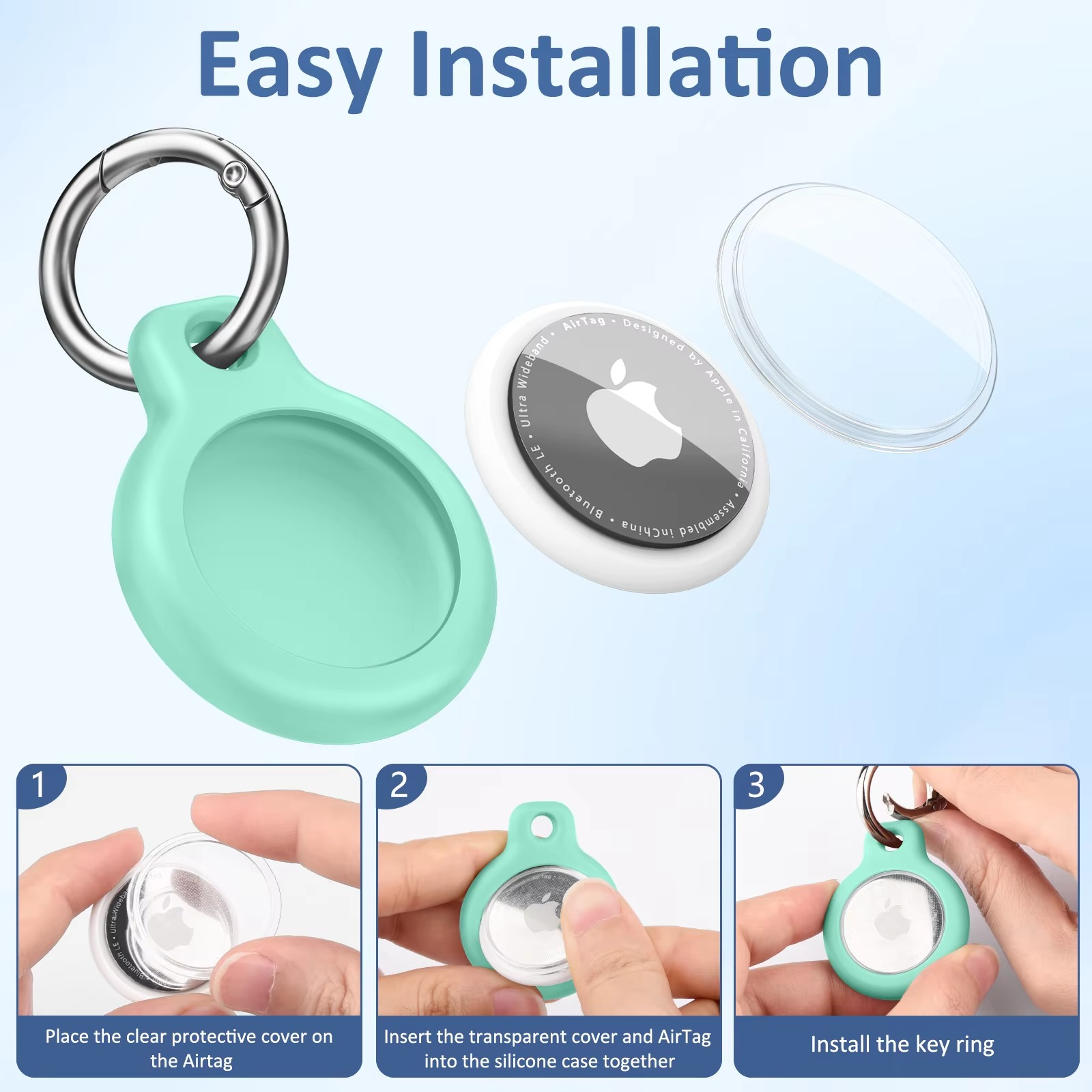 Green AirTag case with keychain attachment and installation steps on a light blue background
