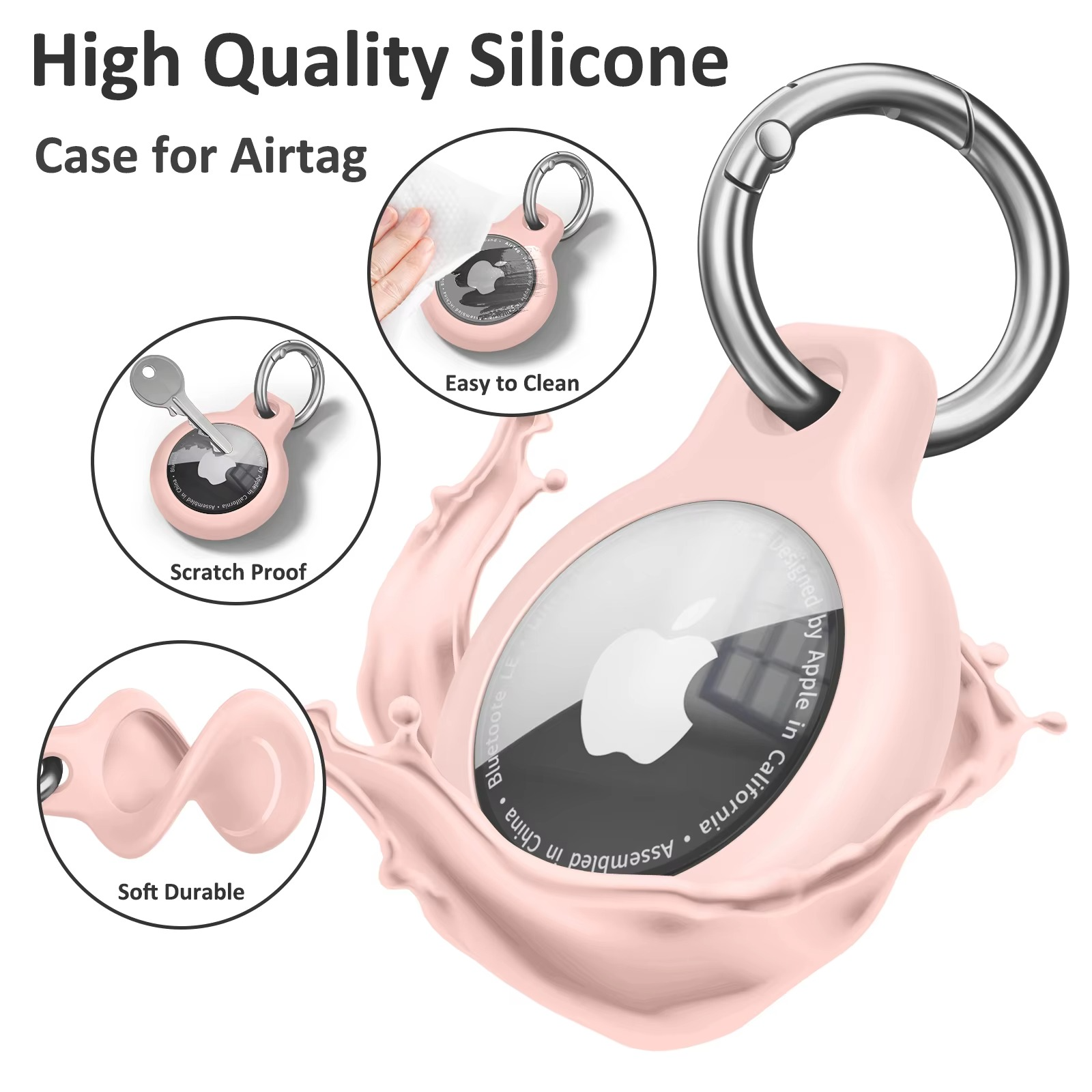 High-quality silicone case for Airtag with keychain, featuring text on durability and ease of cleaning.