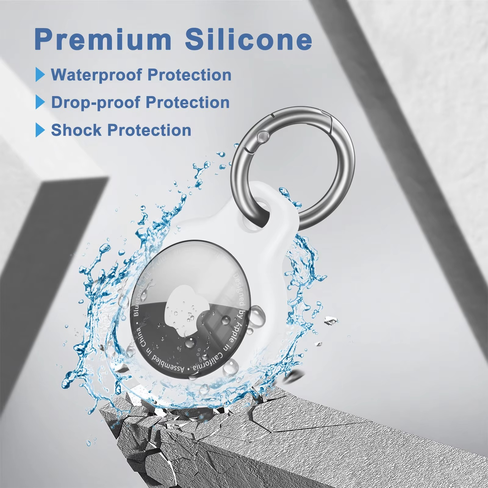 Silicone case with water splash effect on a gray background, highlighting waterproof protection.