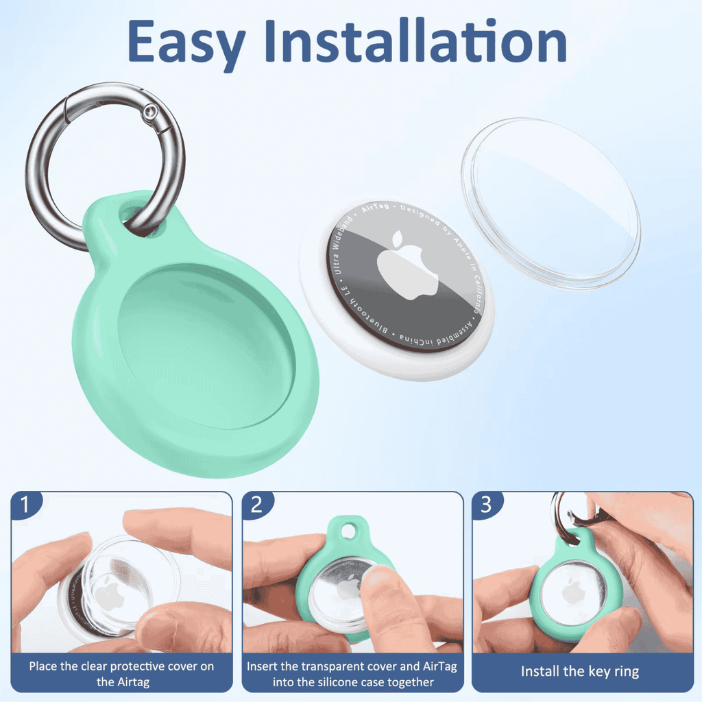 Green AirTag with keychain attachment and installation steps on a blue background