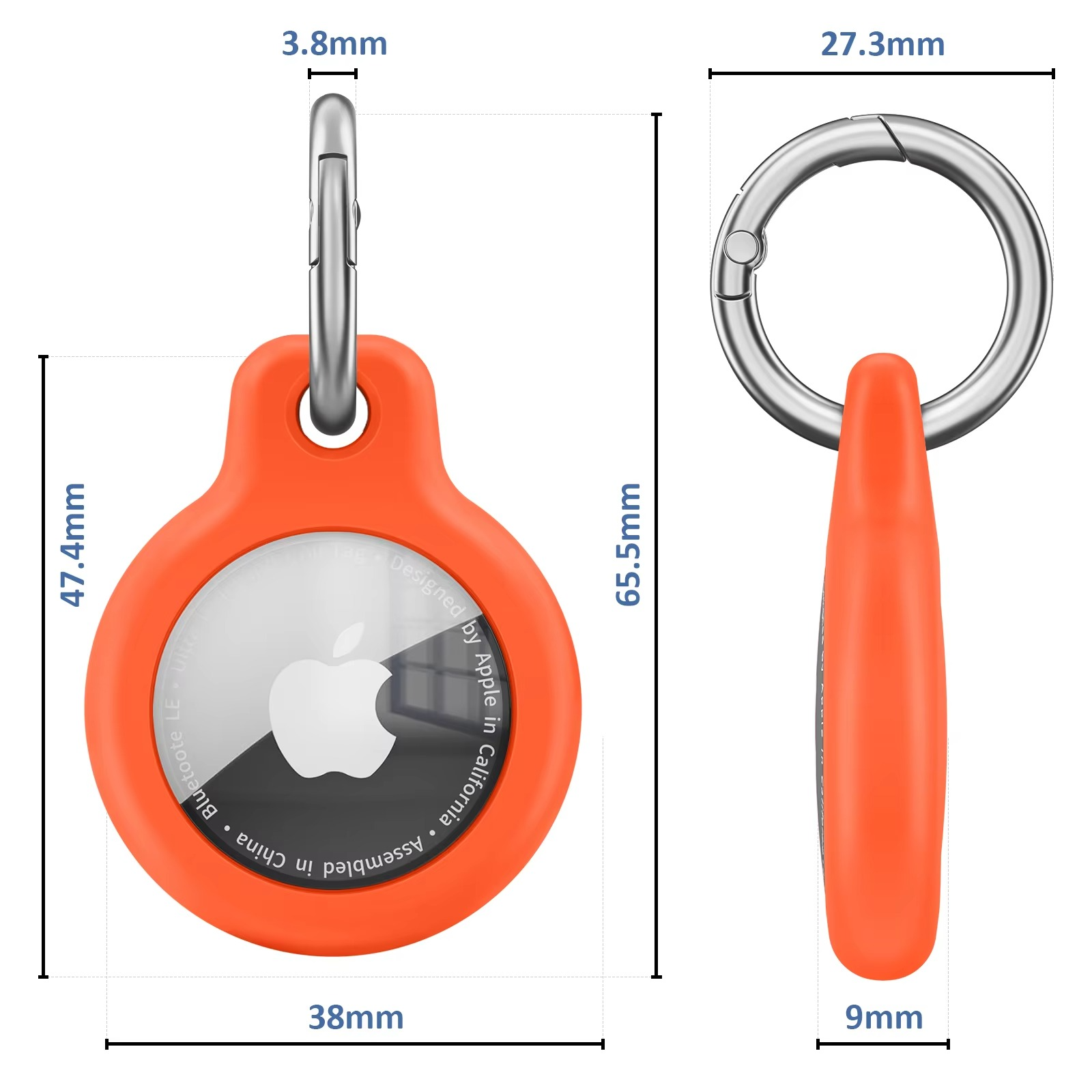 Orange keychain with a small round device featuring an Apple logo, showing measurements on a white background.