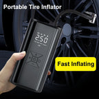 Portable tire inflator with digital display held by a hand, next to a car tire.