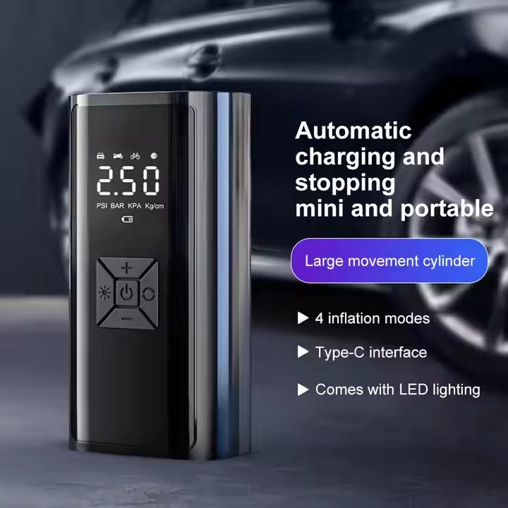 Portable air pump with digital display and features listed on a dark background