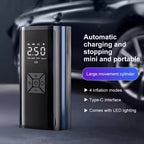 Portable air pump with digital display and features listed on a dark background