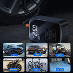 Digital tire pressure monitor with car, SUV, motorcycle, bike, and air bed icons displayed.