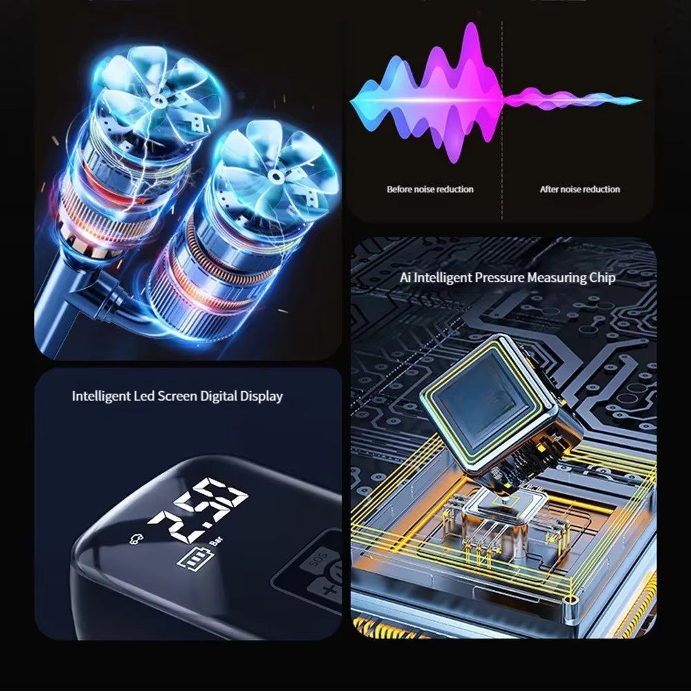 Collage of electronic components and technology features with a focus on pressure measurement and noise reduction.