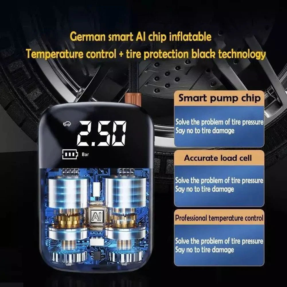Smart tire pressure monitoring device with digital display and text highlighting features.
