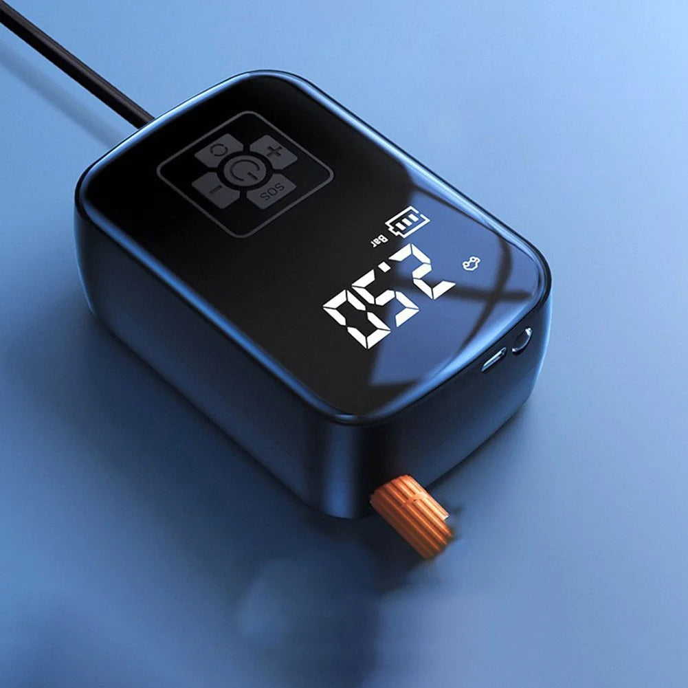 Black electronic device with digital display on a blue background