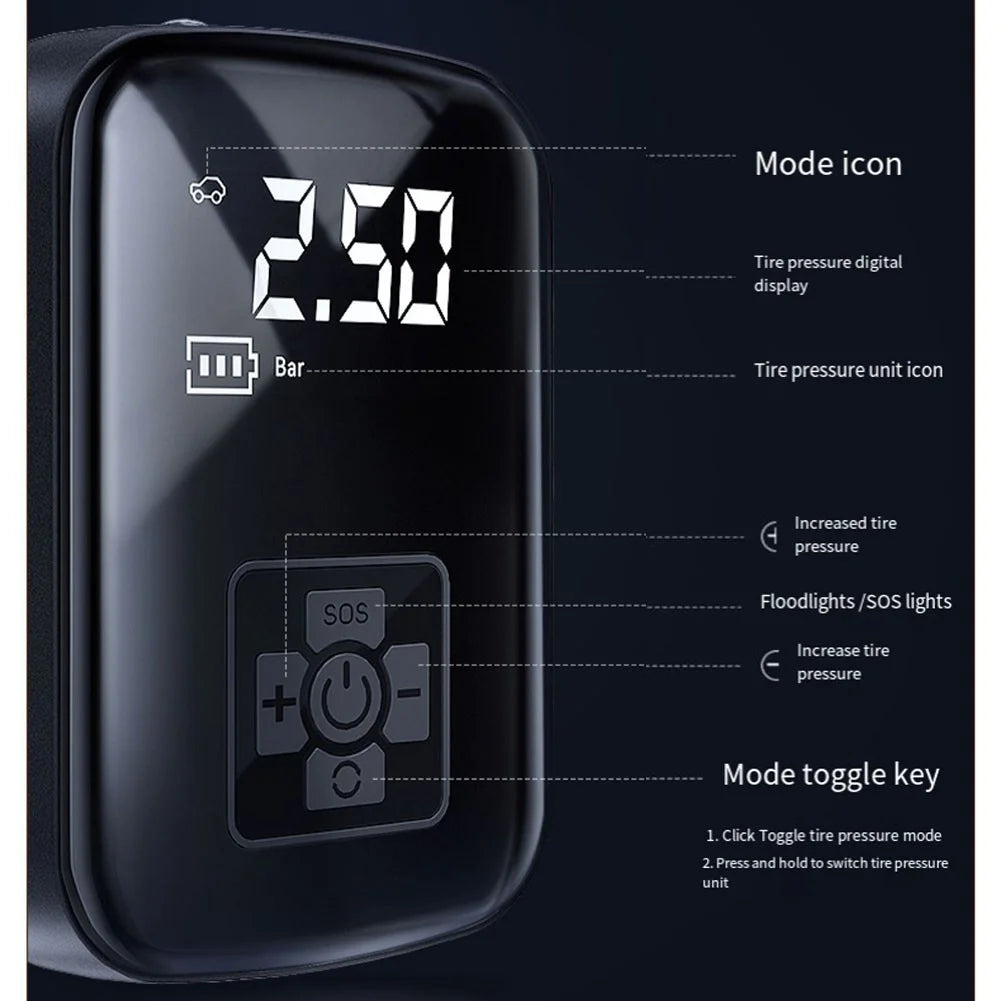 Black tire pressure monitor with digital display and control buttons on a dark background