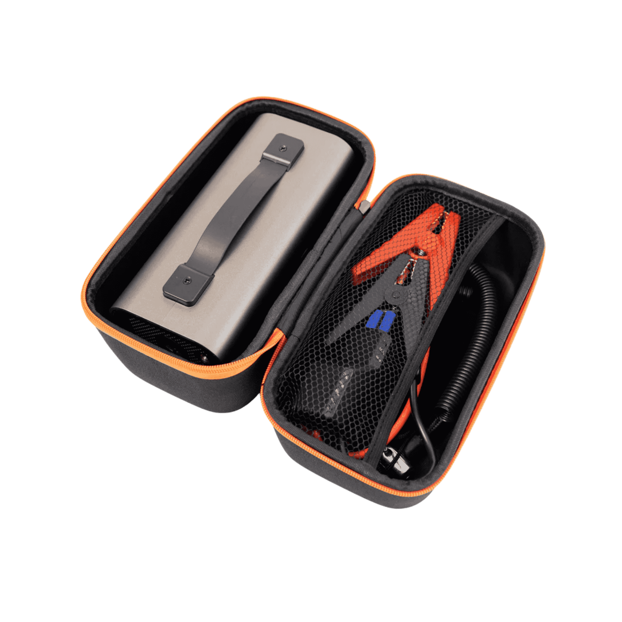 Portable jump starter kit with battery and cables in a black carrying case on a white background