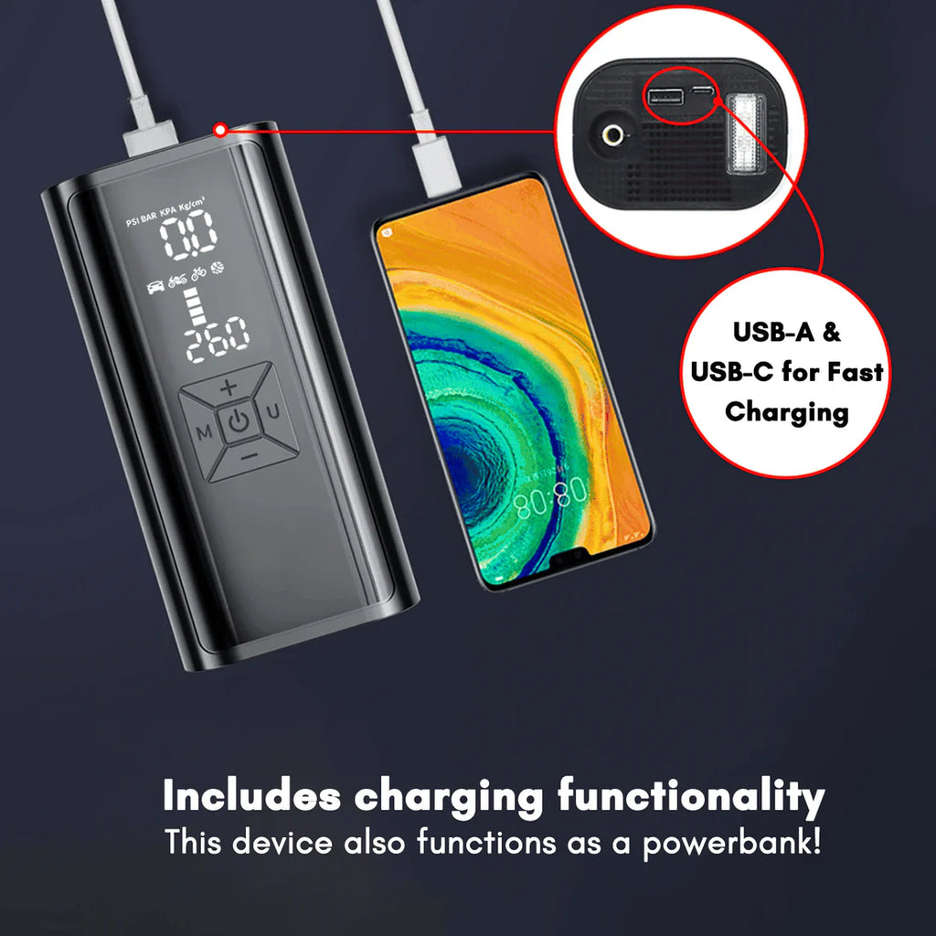 Portable tire inflator with smartphone showing charging functionality on a dark background