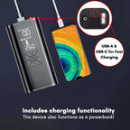 Portable tire inflator with smartphone showing charging functionality on a dark background