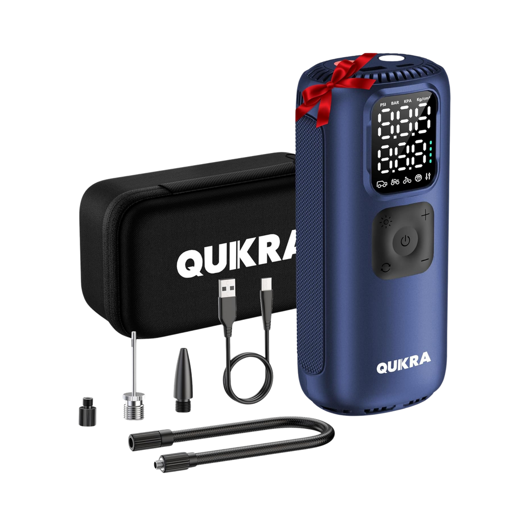 Blue QUKRA electronic device with accessories on a white background