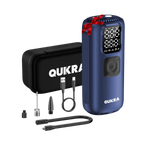 Blue QUKRA electronic device with accessories on a white background