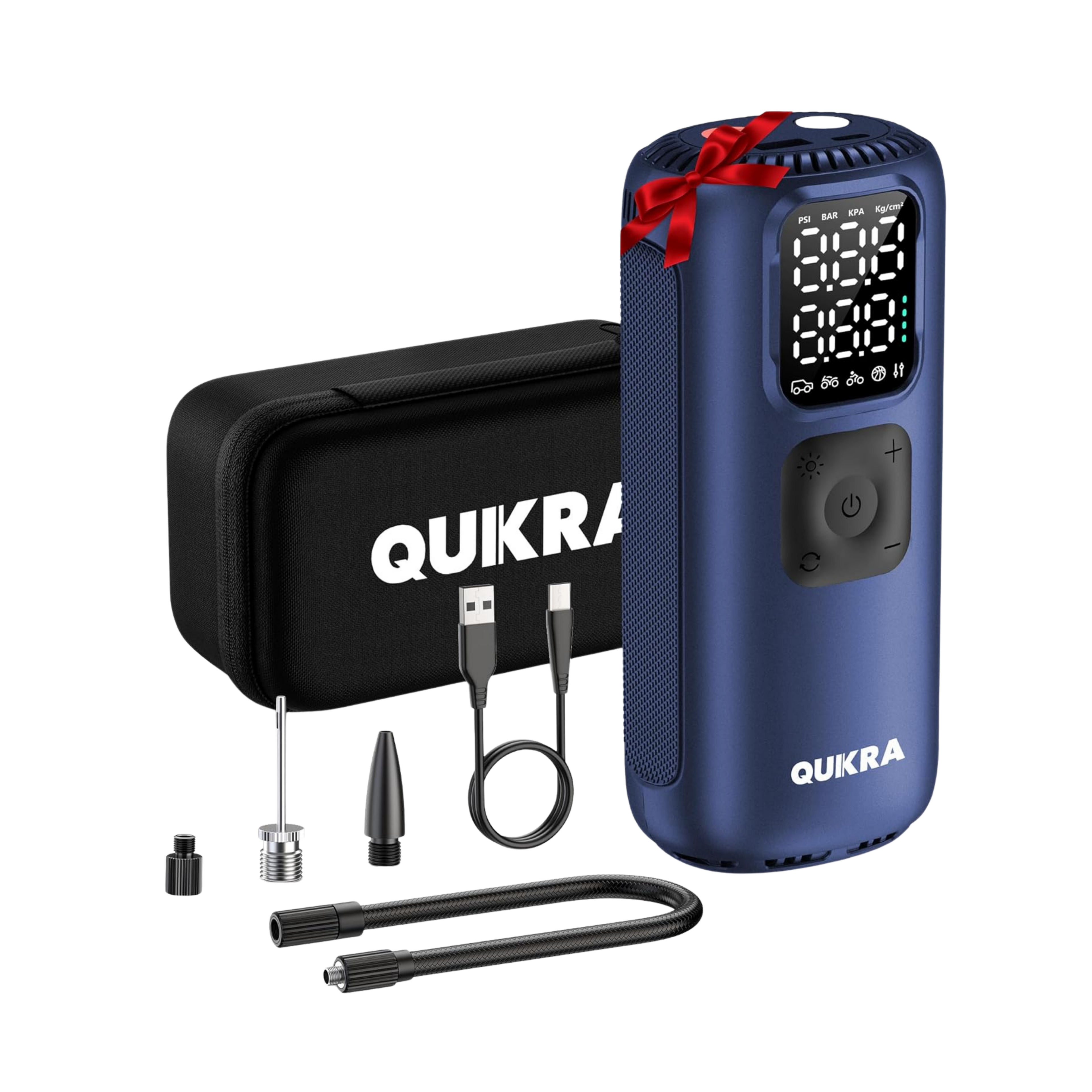 Blue QUKRA electronic device with accessories on a white background