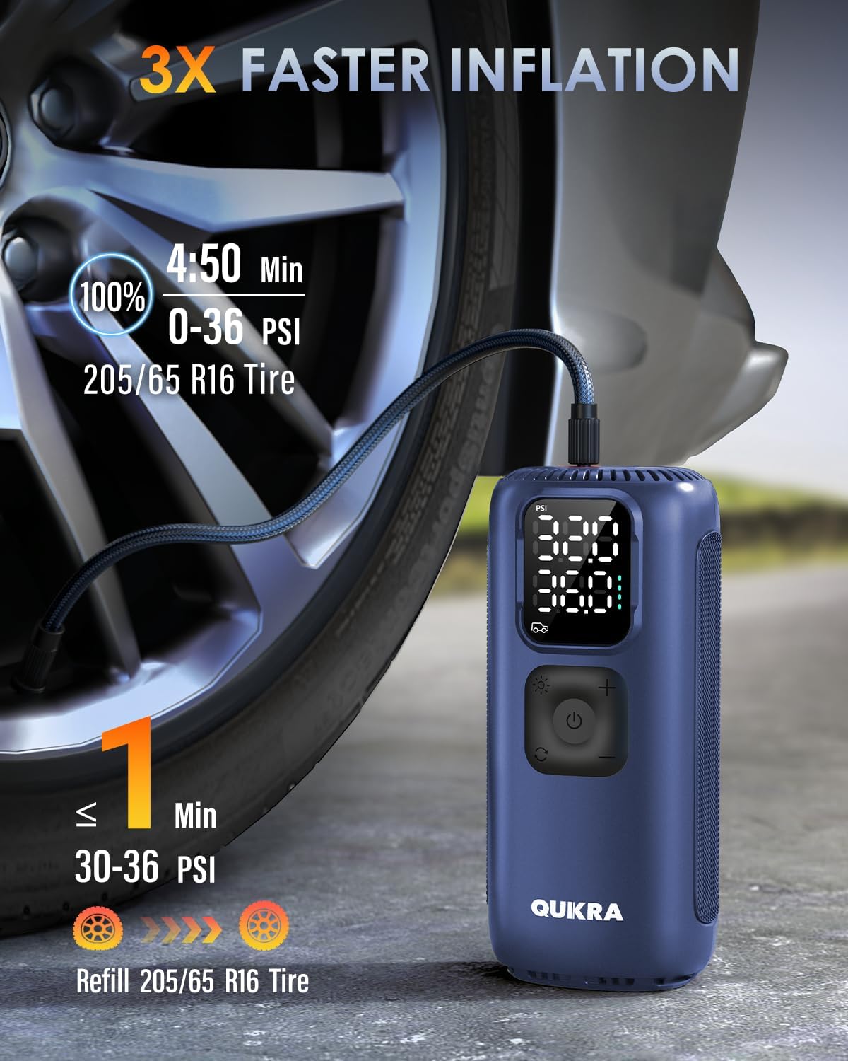 Blue QUKRA tire inflator with digital display next to a car tire, showing inflation time and PSI.