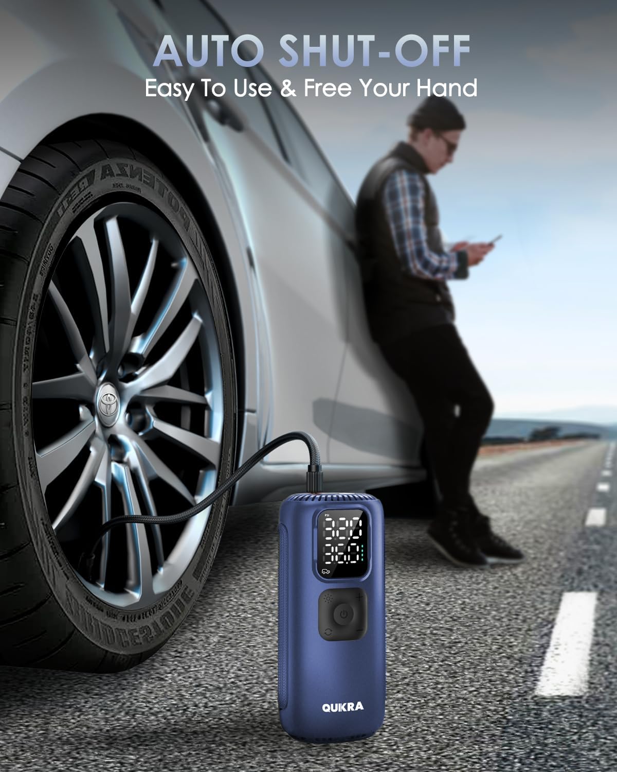 Blue car jump starter on a road with a person using a phone, and text about auto shut-off feature.