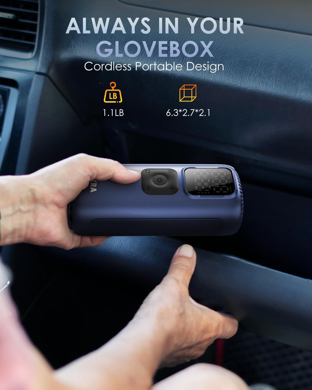 Cordless portable device held by a hand with text indicating it's always in your glovebox.