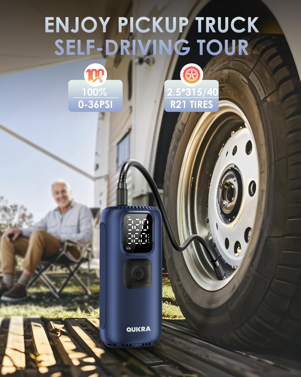 Blue tire inflator with digital display on a pickup truck bed, man sitting in chair in background.