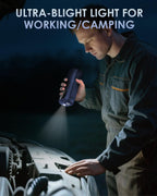 Person using a flashlight to inspect vehicle engine with text 'Ultra-blight light for working/camping'.
