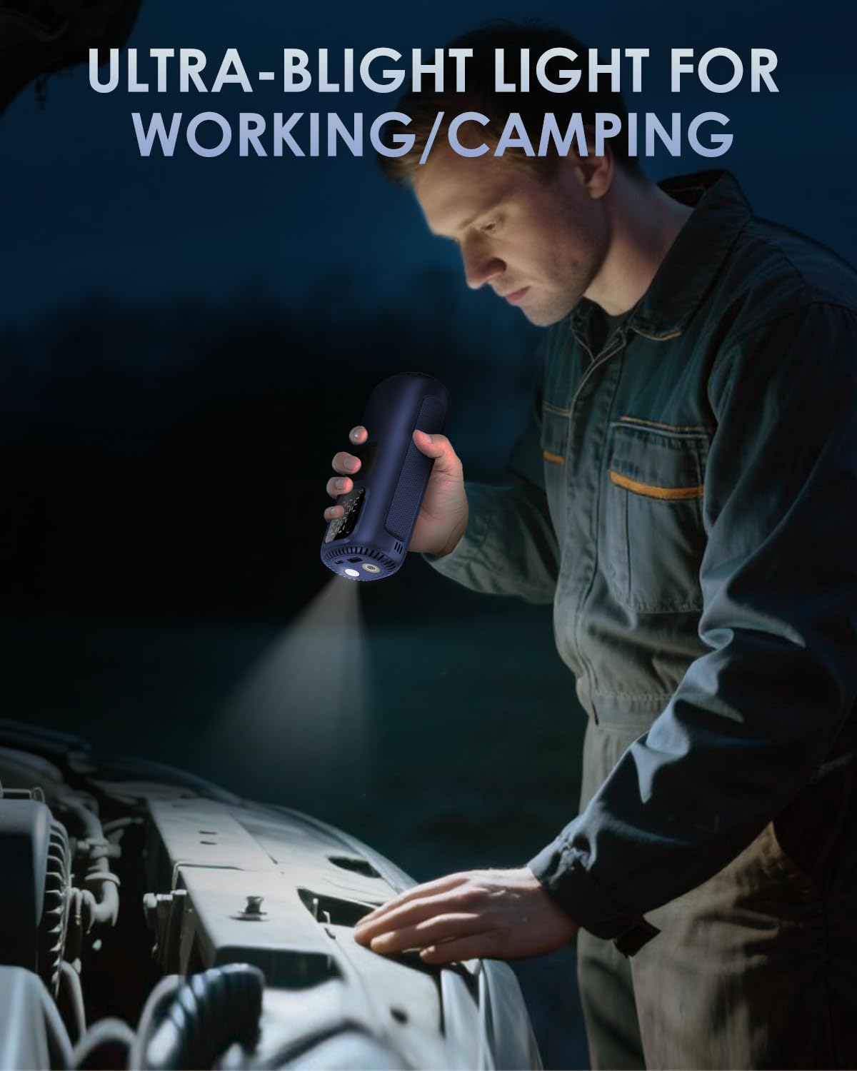 Person using a flashlight to inspect vehicle engine with text 'Ultra-blight light for working/camping'.
