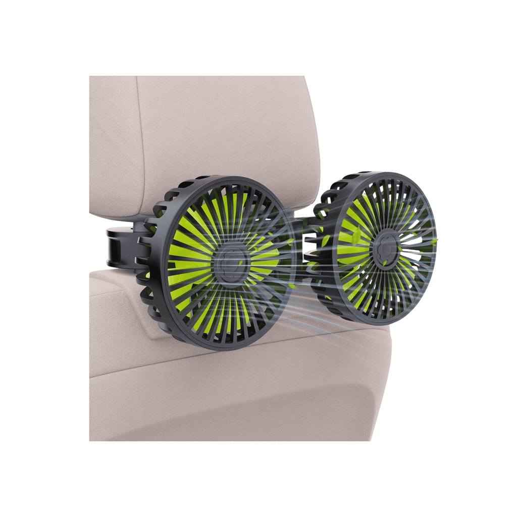 Car air freshener with dual fans attached to a car's headrest on a transparent background