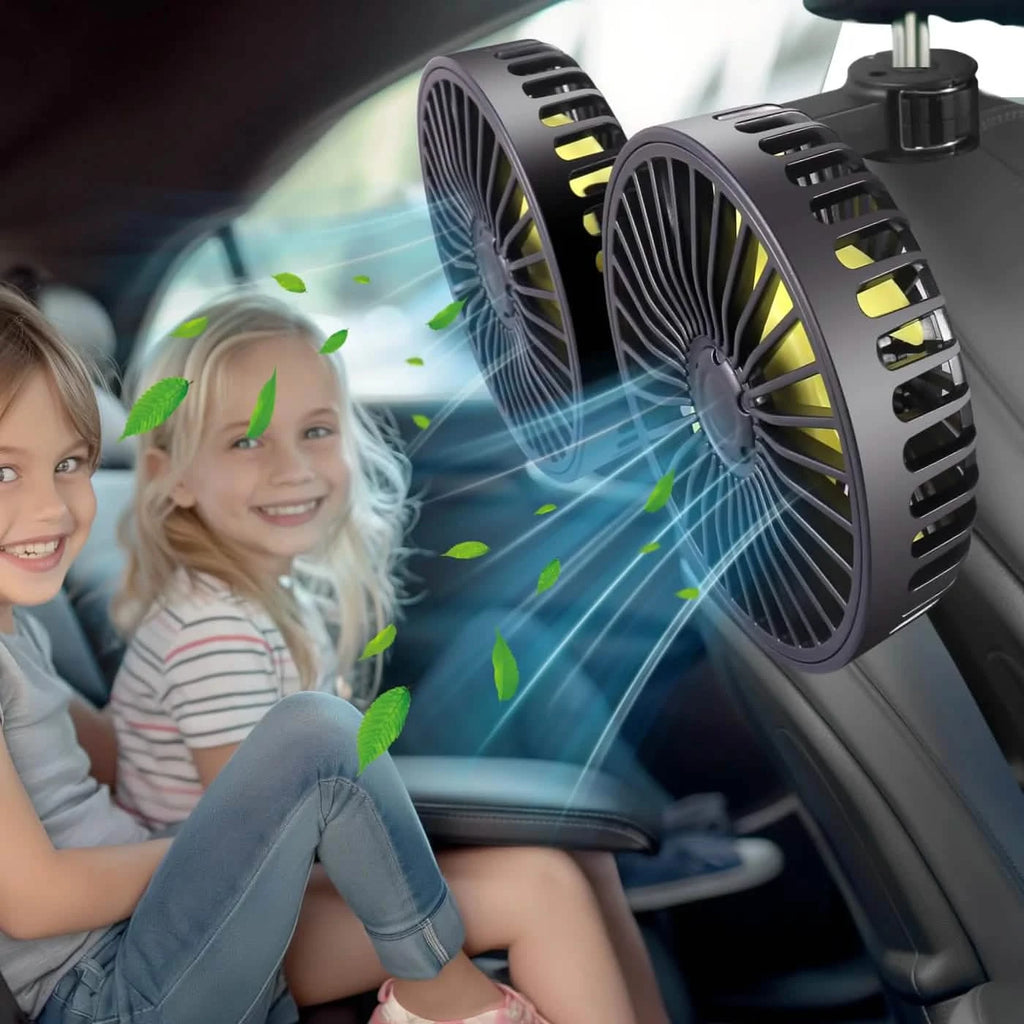 Car fan in use with two children sitting inside a car, showing airflow.