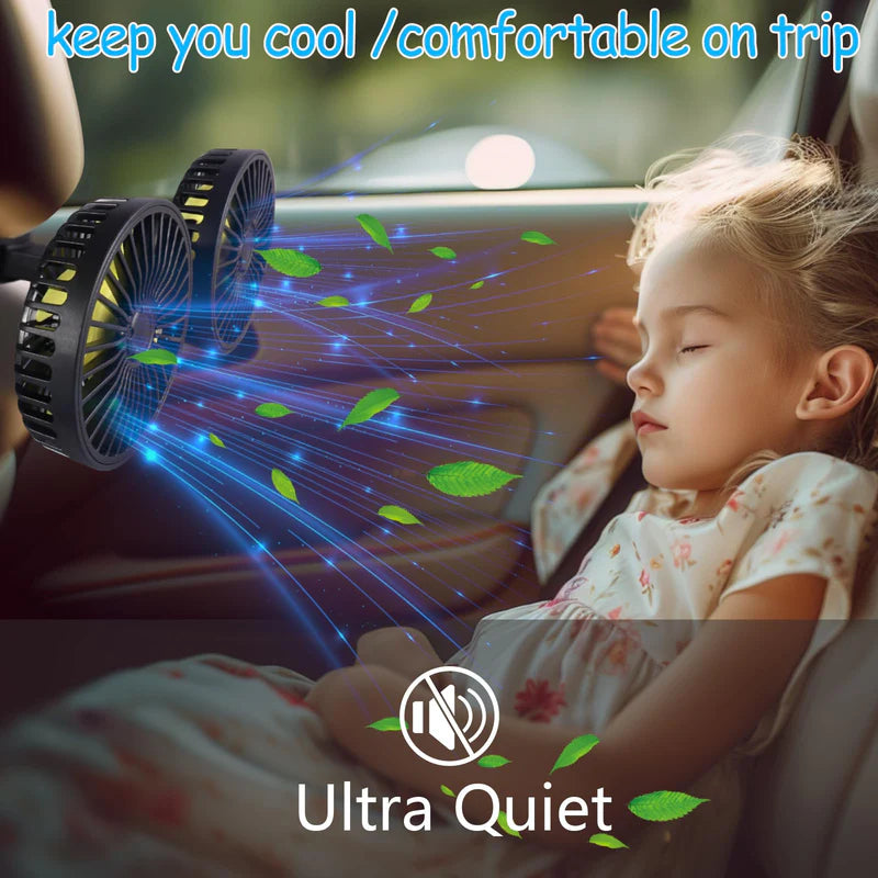 Child sleeping in a car with an ultrasonic fan labeled 'Ultra Quiet' and 'keep you cool / comfortable on trip'.