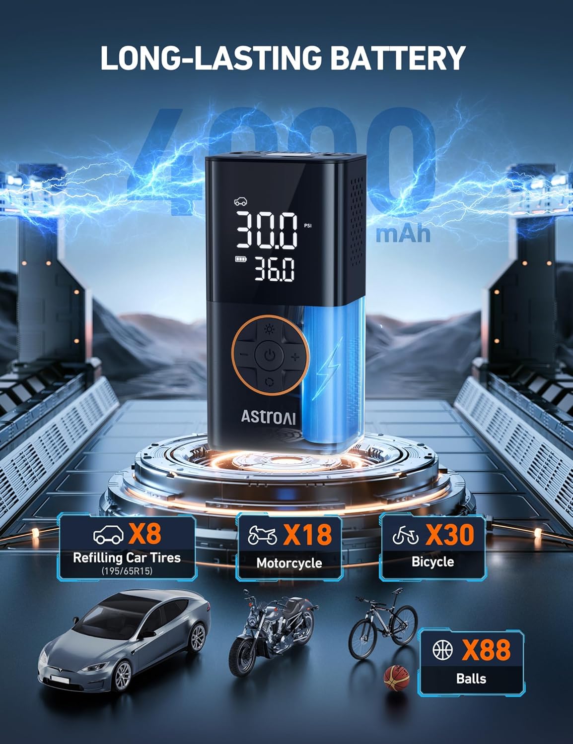 Battery pack with digital display and charging capabilities for various devices on a futuristic background.