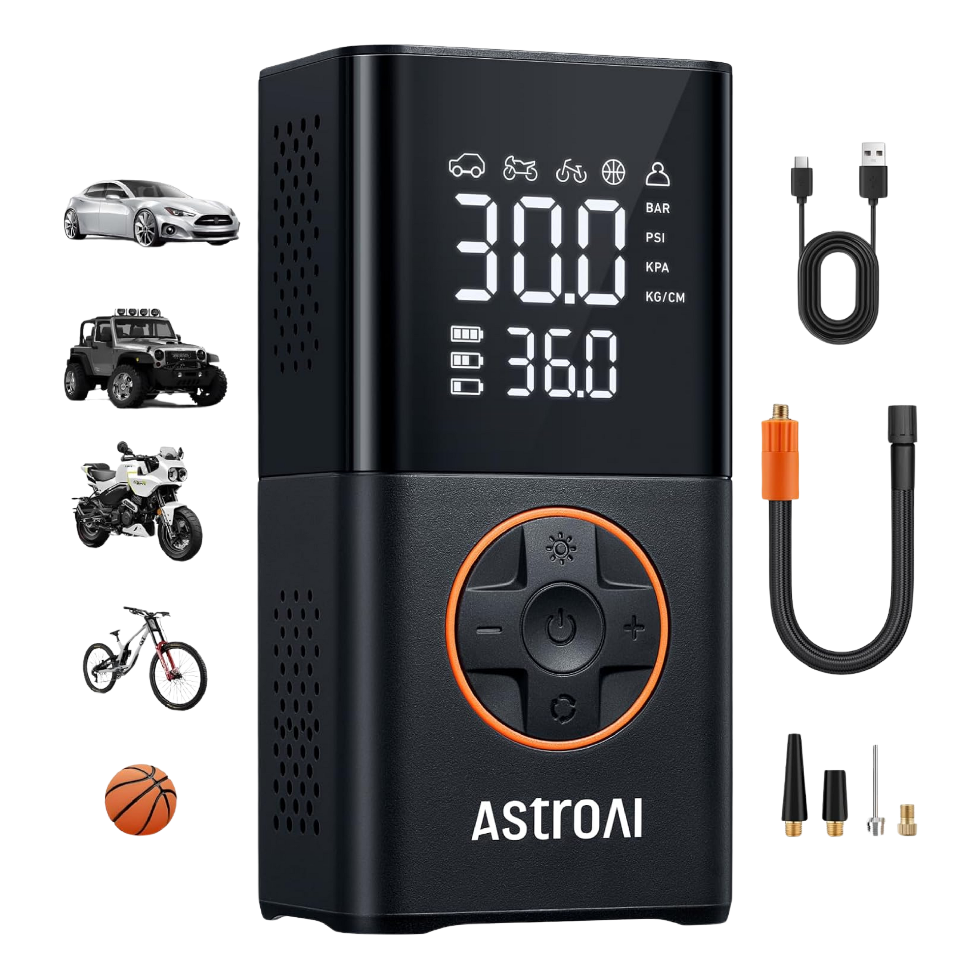 Black AstroAI tire pressure monitor with digital display and accessories on a white background