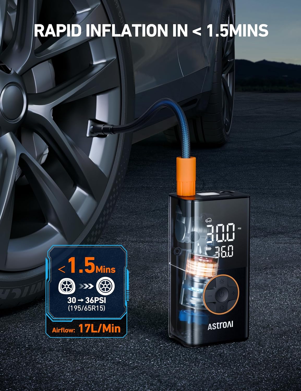 Car tire being inflated with a digital air pump, showcasing rapid inflation time.