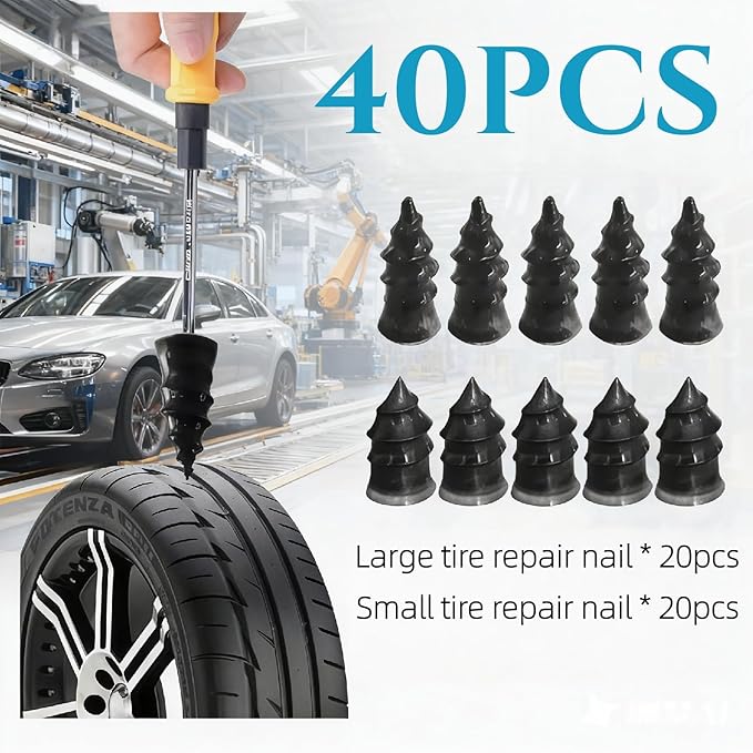 Tire repair nails with a car in the background